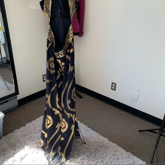 BETSEY & ADAM Open Back Cut Out Dress Blue Gold Size 2 - Picture 4 of 15
